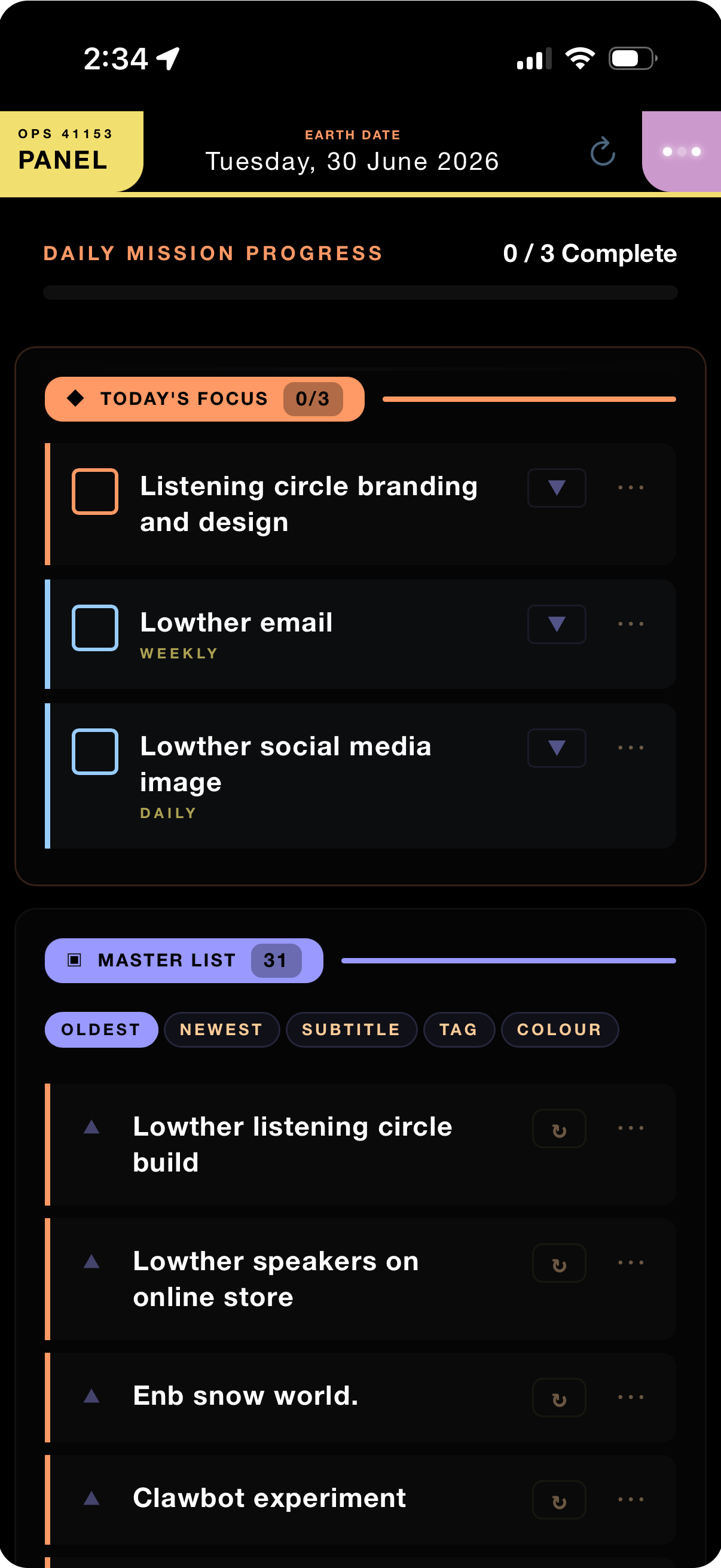 Ops Panel daily mission list