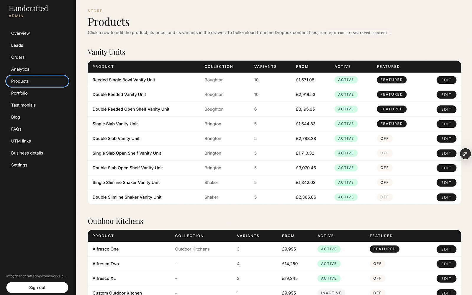 Handcrafted by Woodworks product configurator and project pages