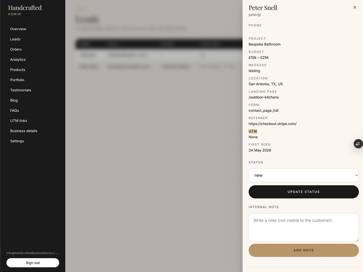 Handcrafted by Woodworks admin dashboard
